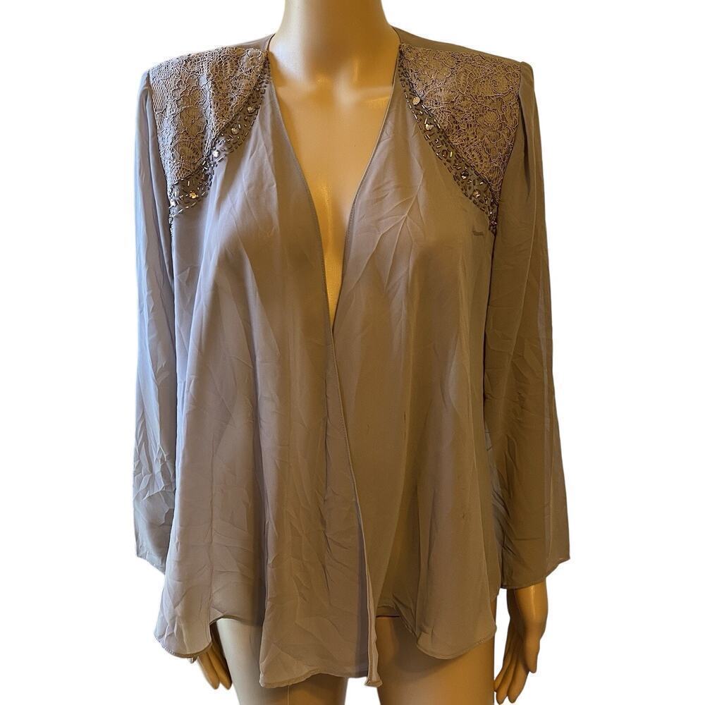 Y2K Silky Open Kimono Cardigan Jacket Sheer Sequin Women Sz 8 Formal Boho Light